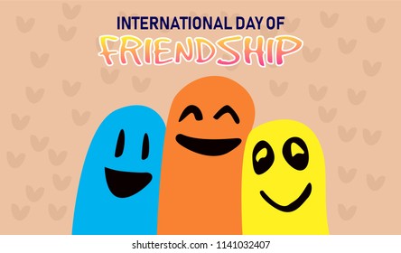 International Day Of Freindship, vector illustration, flat silhouette, boy teenager, hugs a friend, text banner, poster, circle, logo, yellow, blue, red, white