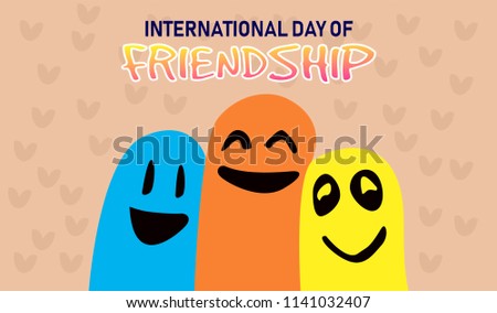 International Day Of Freindship, vector illustration, flat silhouette, boy teenager, hugs a friend, text banner, poster, circle, logo, yellow, blue, red, white