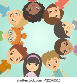 International Day of friends background. International friendship day. Multicultural kids in the circle.