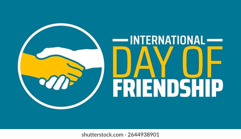 Plano de fundo ou banner do Dia Internacional da Amizade. Ícone de aperto de mão amarelo e branco dentro de um círculo no fundo azul-petróleo, simbolizando a unidade global.