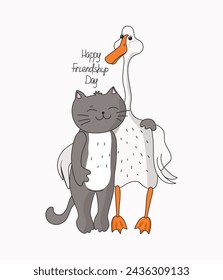International Day of Friendship. Cute cat and goose. Couple of animals, inscription. Funny cartoon drawing of a simple goose and pussy. Pets, friends. Vector flat illustration, isolated background.