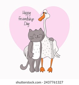 International Day of Friendship. Cute cat and goose. Couple of animals, inscription. Heart shape. Funny cartoon drawing simple goose and pussy. Pets, friends. Vector flat illustration.