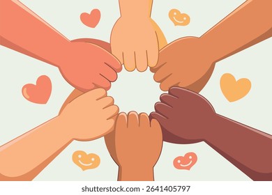 international day of friendship, friendship day, diverse hands, unity symbol, hands in circle, multicultural hands, love and peace, global friendship, heart icon, flat vector, white background, human 