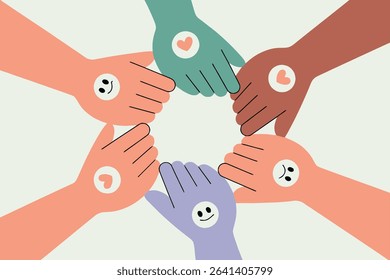 international day of friendship, friendship day, diverse hands, unity symbol, hands in circle, multicultural hands, love and peace, global friendship, heart icon, flat vector, white background, human 