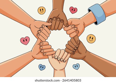 international day of friendship, friendship day, diverse hands, unity symbol, hands in circle, multicultural hands, love and peace, global friendship, heart icon, flat vector, white background, human 