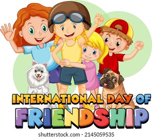 International day of friendship logo with children and cute dogs illustration