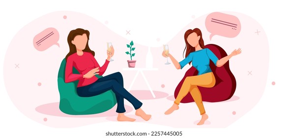 international day of friendship. two girlfriends are chatting and drinking champagne. vector illustration