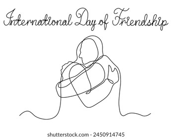 International Day of Friendship. Two people hug each other, continuous single line art hand drawing sketch