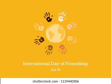 International Day of Friendship vector. Color hand print picture. Handprints on a orange background. Important day