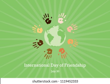 International Day Of Friendship Vector. Color Hand Print Picture. Handprints On A Green Background. Important Day