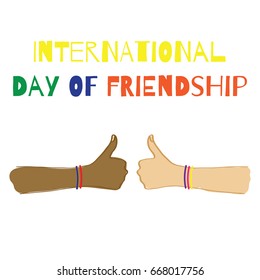 International day of Friendship. Vector illustration. Two hands with colorful bracelets.