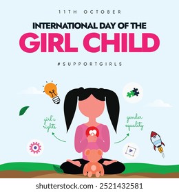 Día Internacional de la Niña. 11 de octubre Anuncio de celebración del día de la niña con un personaje de niña con dos coletas peinado. El día se celebra para reconocer la igualdad de género. 