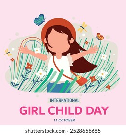 Día Internacional de la Niña. 11 de octubre Anuncio de celebración del día de la niña con un personaje de niña con dos coletas peinado. El día se celebra para reconocer la igualdad de género.