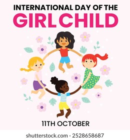 Día Internacional de la Niña. 11 de octubre Anuncio de celebración del día de la niña con un personaje de niña con dos coletas peinado. El día se celebra para reconocer la igualdad de género.