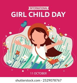 Internationaler Tag des Mädchens. 11. Oktober Girl Child Tag Feier Banner mit einem Mädchen Charakter mit langen Haaren. An diesem Tag wird die Gleichstellung der Geschlechter anerkannt.