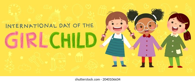 International Day of the girl child background with three little girls holding hands on yellow background. - Shutterstock ID 2040106634