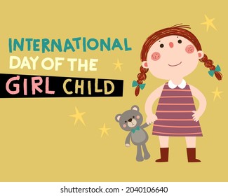 International Day of the girl child background with a little girl and her teddy bear.