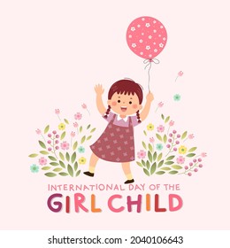 International Day of the girl child background with a little girl holding a pink balloon in the flowers garden.