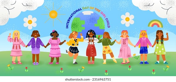 International Day of Girl Child. Holiday for kids October 11th. Smiling cute kids holding hands. Festive poster with little characters, planet, flowers and rainbow. Cartoon flat vector illustration