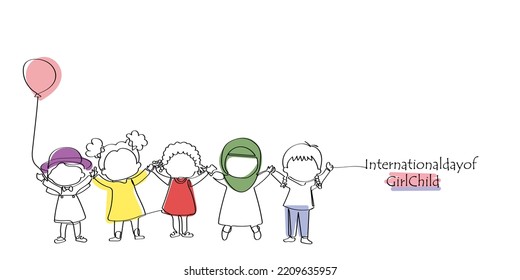 International day of girl child line art. A group of little adorable girls continuous single line. Kids with balloon. Isolated graphic vector of girls. Hat Scarf and buns . People art