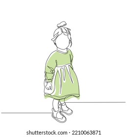 International day of girl child line art. Little girl backside in full length frock .Young toddler. Cool dress for girls. Trendy dressing of young kids. Fashionable stylish girl line art vector bow