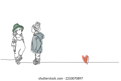 International day of girl child line art.Two stylish little girl friends. Young toddler. Cool dress for girls. Trendy dressing of young kids. Fashionable stylish girl line art vector. Heart sisterhood