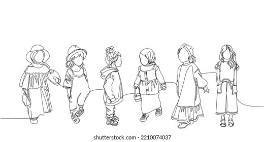 International day of girl child line art.group of stylish little girl friends. Young toddlerart Cool dress for girls. Trendy dressing of young kids. Fashionable stylish girl line art vector sisterhood