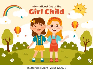 International Day of the Girl Child Vector Illustration with Little Girls for Awareness and Human Rights in Flat Kids Cartoon Background Templates