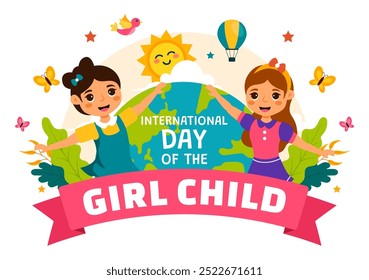 Dia Internacional das Meninas Ilustração Vetor Infantil com Meninas Pequenas para Aumentar a Consciência dos Direitos Humanos em um Plano de Fundo de Desenhos Animados Estilo Bonito