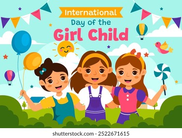 International Day of the Girl Child Vector Illustration with Little Girls to Raise Awareness of Human Rights in a Cute Flat Style Cartoon Background