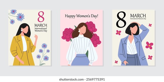 International Women’s Day greeting card set with elegant women and floral elements. 8 march design in pastel tones, perfect for postcards, banners, invitations, and seasonal holiday decor.