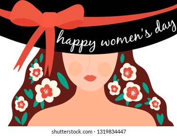 International Women’s Day. Greeting card. Vector illustration with woman with flowers. Struggle for freedom and equality. 