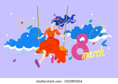 International women’s day. Hand drawn full color vector illustration. Young woman in red dress. Swinging. Sky. Blue hairs. Freedom. Postcard. Poster style. Horizontal card.