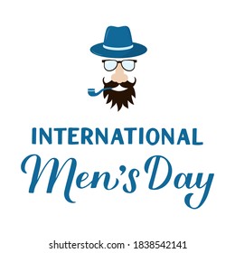 International Men’s Day hand lettering with hipster isolated on white. Holiday celebrate on November 19. Vector template for typography poster, banner, flyer, sticker, t-shirt, greeting card, etc. 