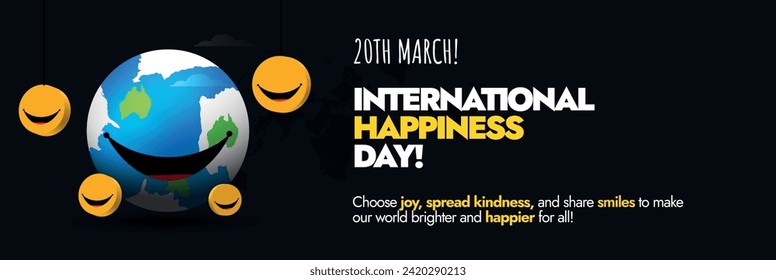 International day of Happiness. 20th March International Happiness day cover banner, card with smiling earth globe and different smiling, happy yellow emojis. Smile and spread happiness. Happy world. 