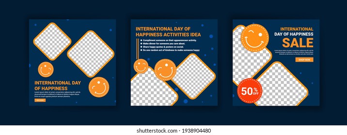 International Day Of Happiness. Collection of social media post templates for International Day of Happiness.