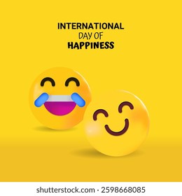 International Day of Happiness, happy emoji faces on a yellow background, representing laughter and joy.