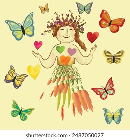 International day of happiness Happy girl surrounded by butterflies. International day of happiness. Happy girl with flowers and hearts. The concept of love, happiness, dreams. Happy girl surrounded b