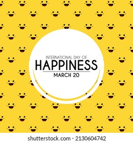 International day of happiness. March 20. Seamless pattern of laughing faces on yellow background. Poster or banner. Flat design vector illustration.