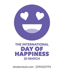 The International day of happiness poster. Purple word and purple icon smiling face on a white background.