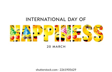 International Day of Happiness text design. Emoji vector on white background. Smile icons logo template. Face doodle line art style