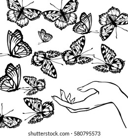 International Day of Happiness vector concept. Hand drawn sketchy hand surrounded by flying butterflies.