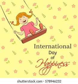 International Day of Happiness vector illustration. Laughing girl riding on a swing. You can insert your own text. Usable for design greeting card, banner, invitation, poster.