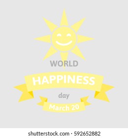 International Day of Happiness. World happy day vector illustration with sun face on gray