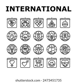 international day holidays icons set vector. family children, tolerance and yoga, water food, cancer diabetes, mental health international day holidays black contour illustrations