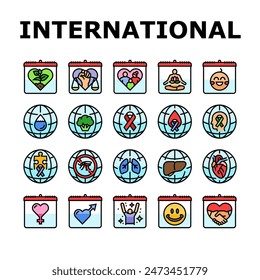 international day holidays icons set vector. family children, tolerance and yoga, water food, cancer diabetes, mental health international day holidays color line illustrations