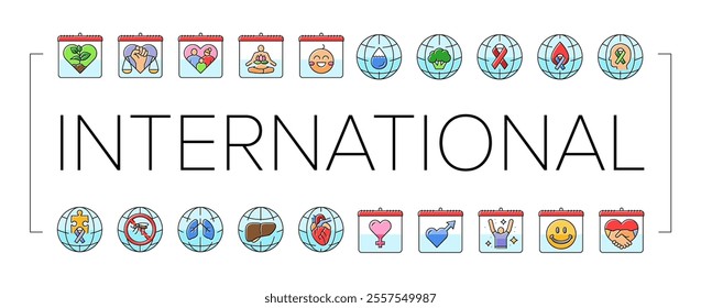 international day holidays icons set vector. family children, tolerance and yoga, water food, cancer diabetes, mental health international day holidays color line illustrations