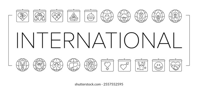 international day holidays icons set vector. family children, tolerance and yoga, water food, cancer diabetes, mental health international day holidays black contour illustrations