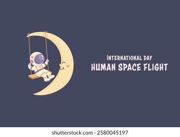 International day of human flight to the moon. Vector simple illustration , postcard banner poster .