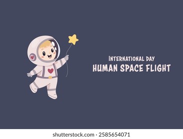 International day of human flight to the moon. star balloon and austronaut , postcard banner poster .